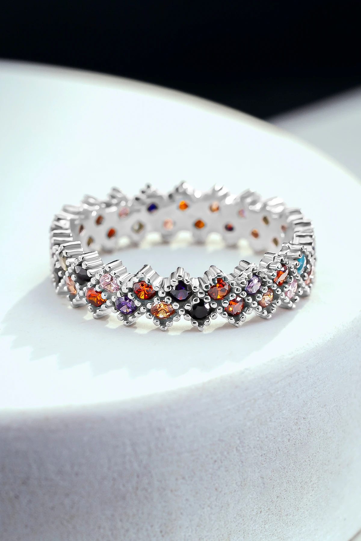 Kadın Gümüş Yüzük - Renkli Zirkon Taşlı Çift Sıra Tamtur Gümüş Yüzük