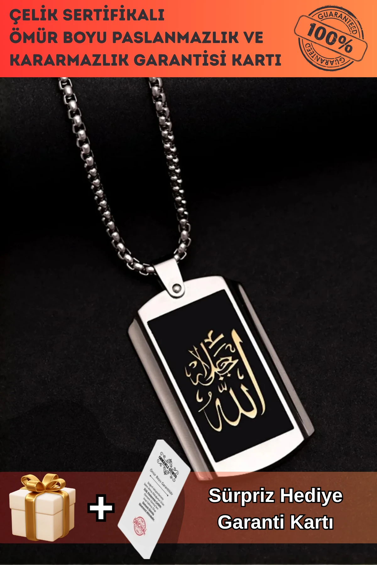 Allah Yazılı Çelik Erkek Kolye Zincir