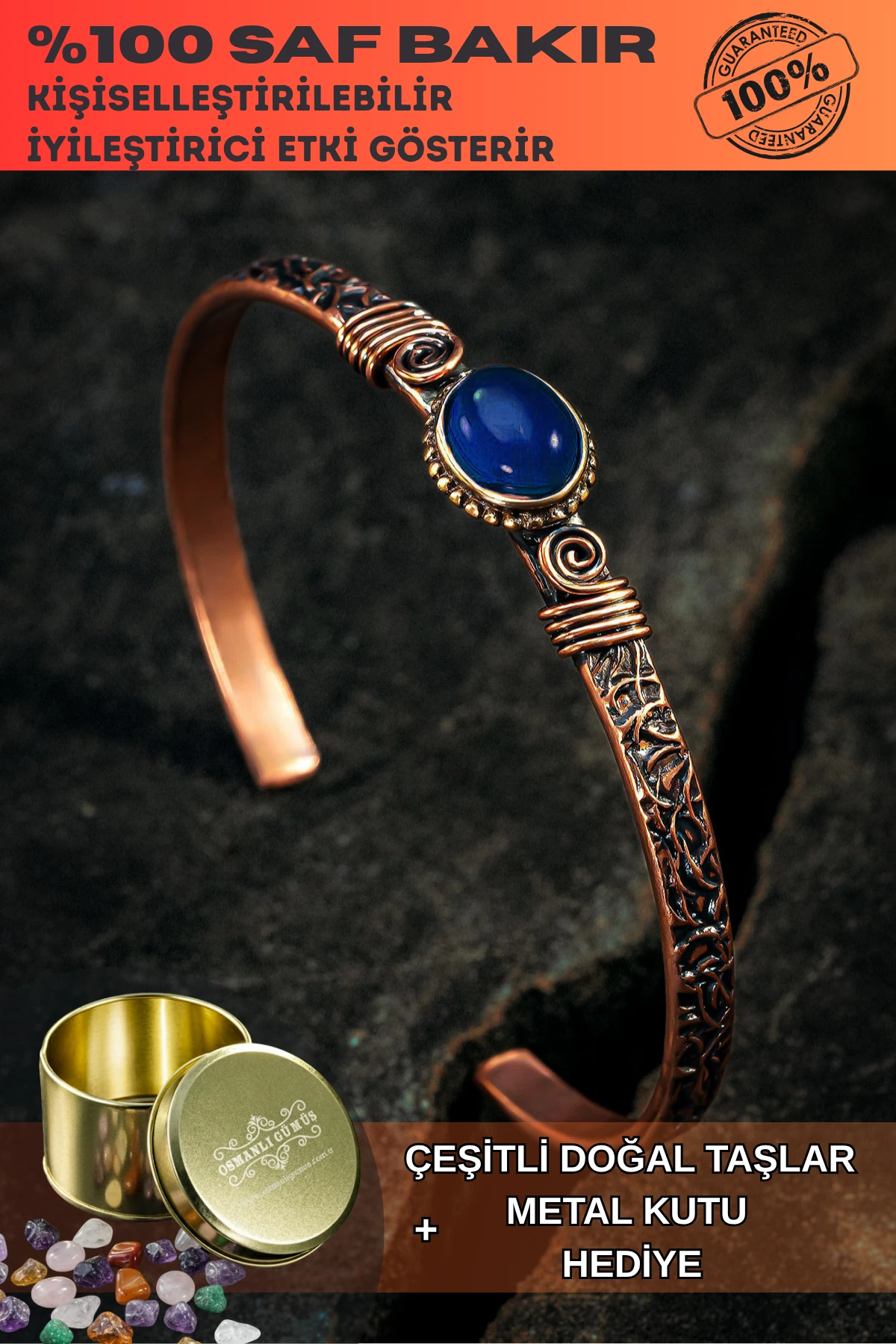 Bakır Kelepçe Bilezik Lacivert Lapis Doğal Taşlı Erkek Kadın Doğal Taşlar ve Metal Kutulu