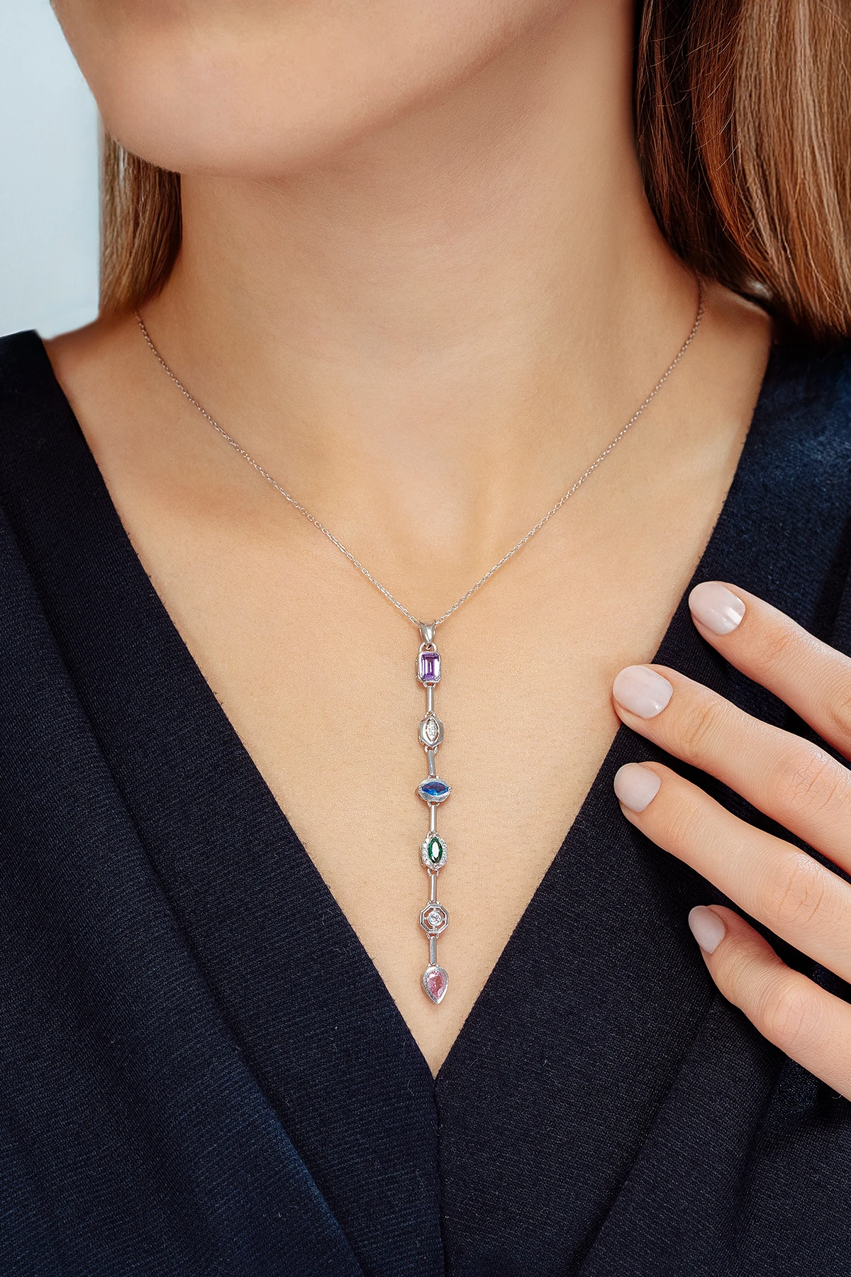 Kadın Renkli Taşlı Zarif 925 Ayar Gümüş Kolye