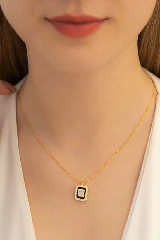 Square Baguette Stone-set Women's Silver Necklace Chain GKLKRBGTM1D-ROS-Sarı