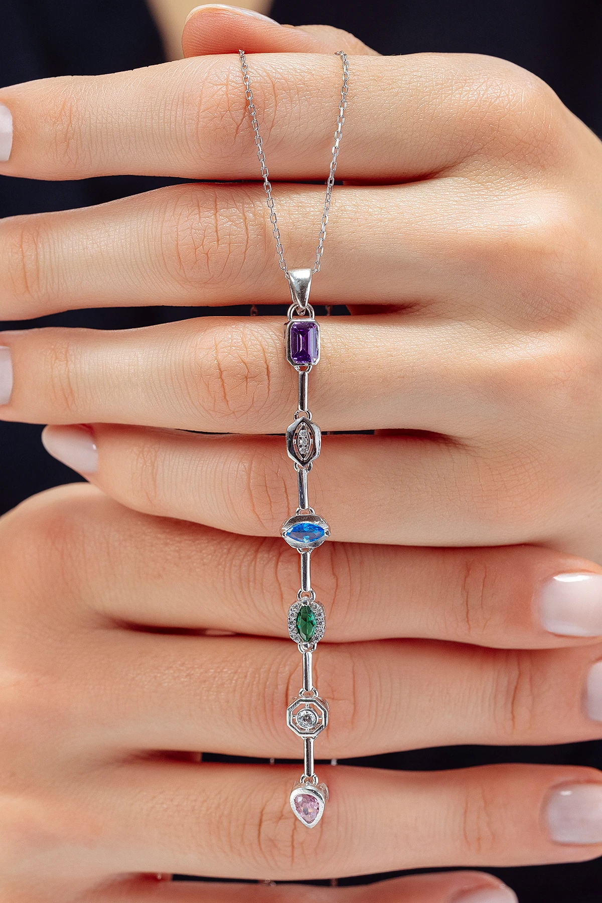 Kadın Renkli Taşlı Zarif 925 Ayar Gümüş Kolye