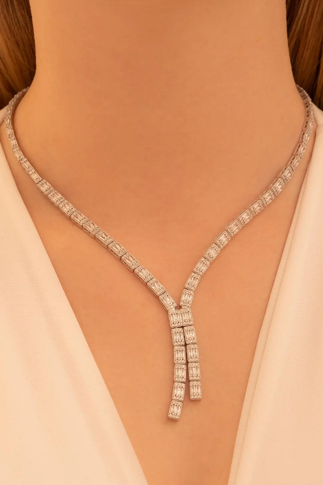 Women's Silver Necklace Dilruba Baguette Stone-set Square Women's Necklace