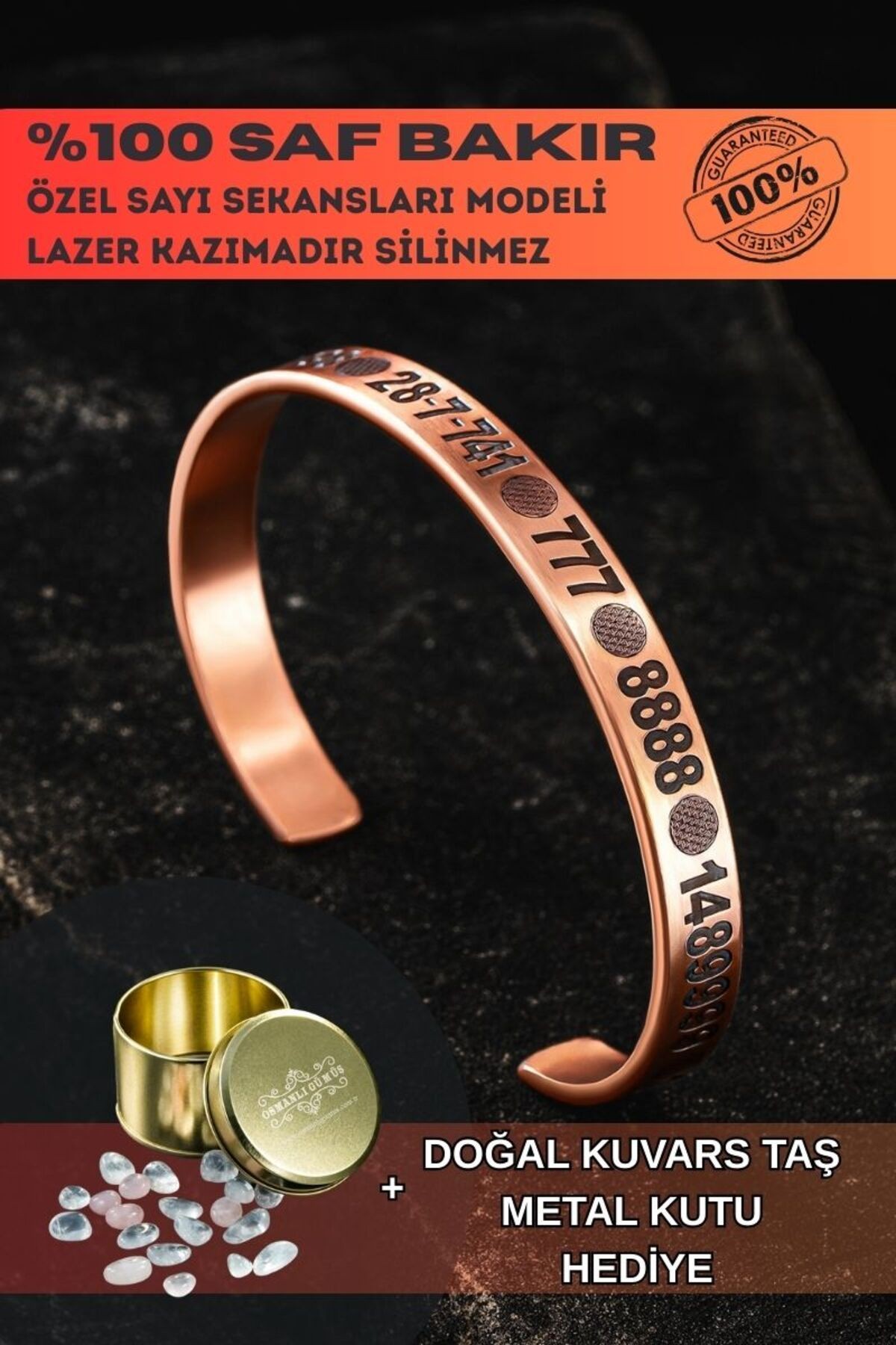 Saf Bakır Bileklik Silinmez Melek Sayı Sekansları Aşk Para Sağlık Metal Kutu Kuvars Her Bileğe Uyar