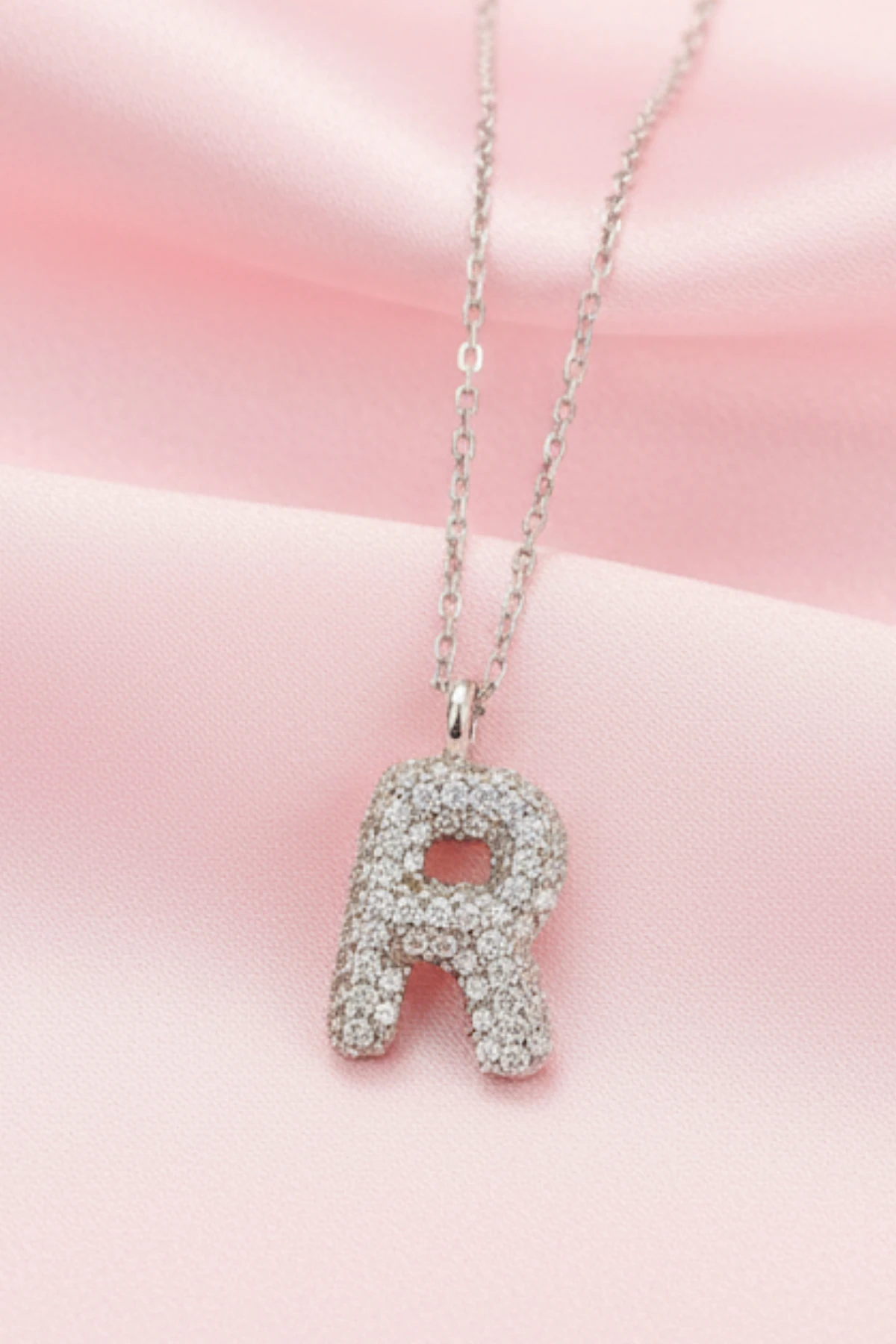 Kadın Gümüş Kolye - 925 Ayar Zirkon Taşlı Balon R Harfi Bayan Kolye