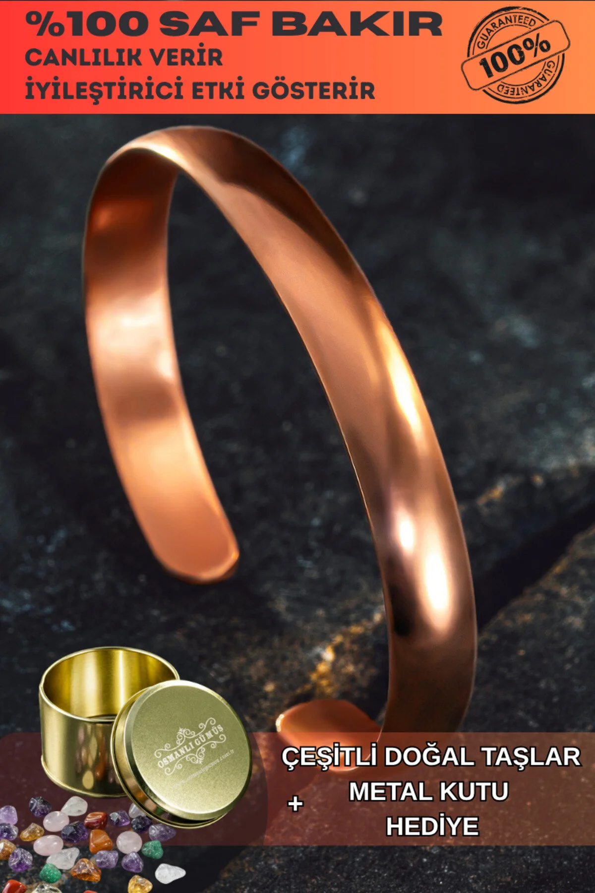 Erkek Kadın Bakır Bileklik - İsim Yazılabilir Düz Parlak Model Metal Kutu Doğal