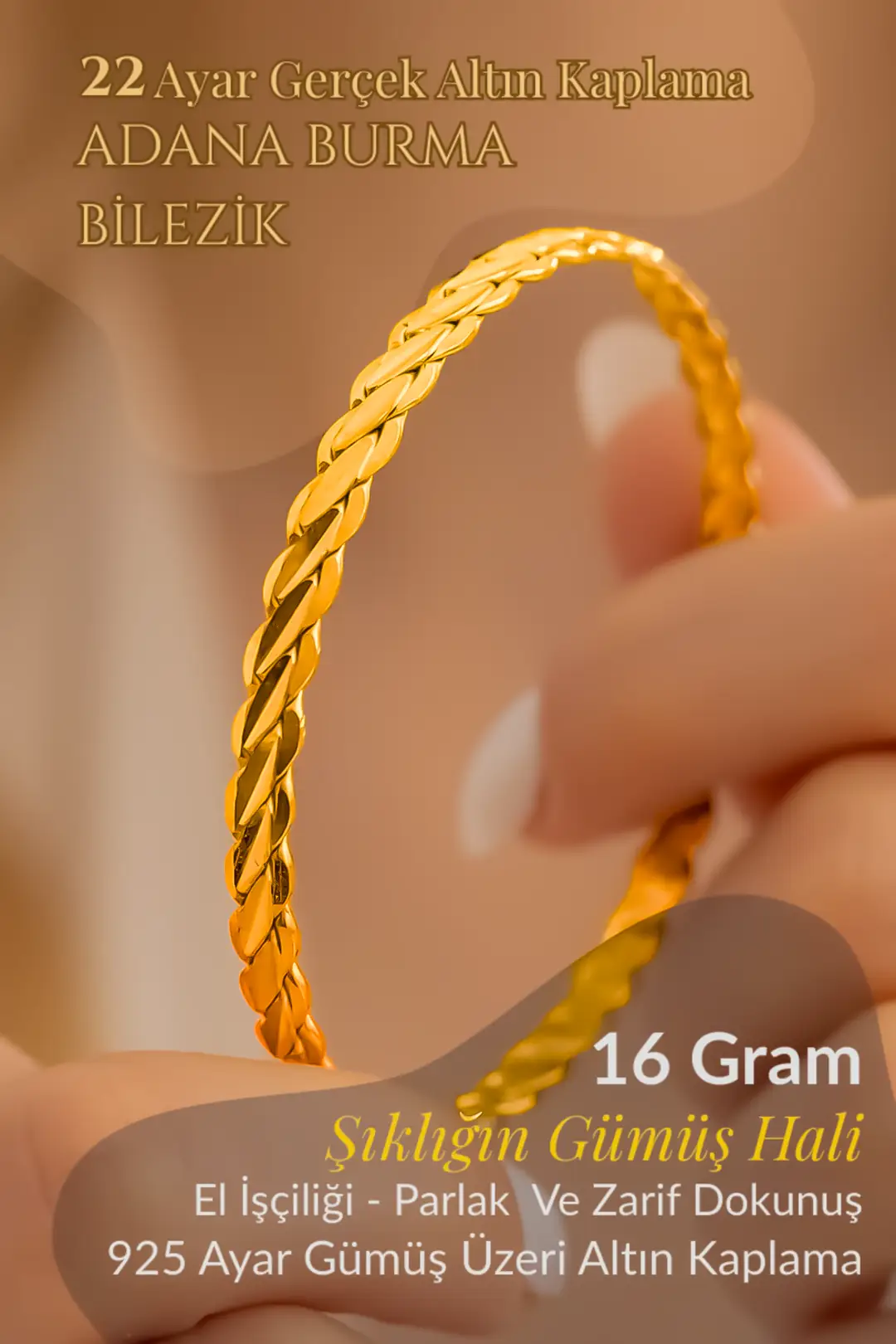 Women's Silver Bracelet Adana Twisted 16 g 22 K Gold Plated Silver Bangle