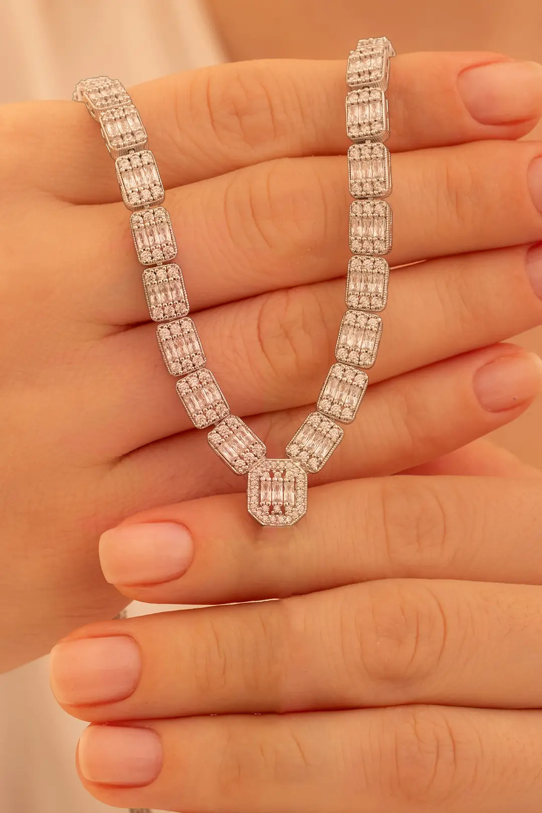 Women's Silver Necklace -Berlin Baguette Stone-set Women's Necklace