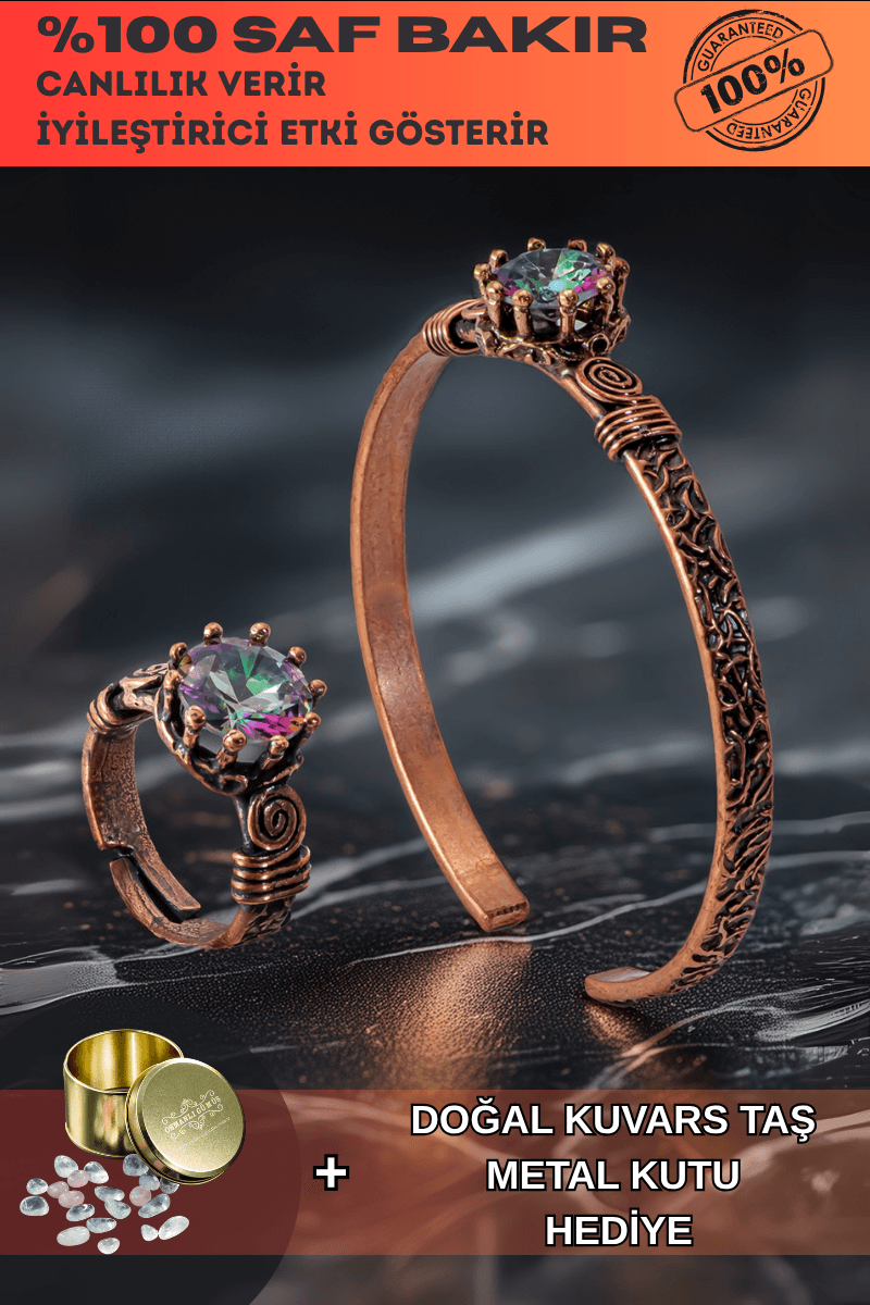 Kadın Bakır Bileklik Yüzük Set - Mistik Topaz Ağaç Kabuğu Model İnce Metal Kutu Kuvars Taşlı Set