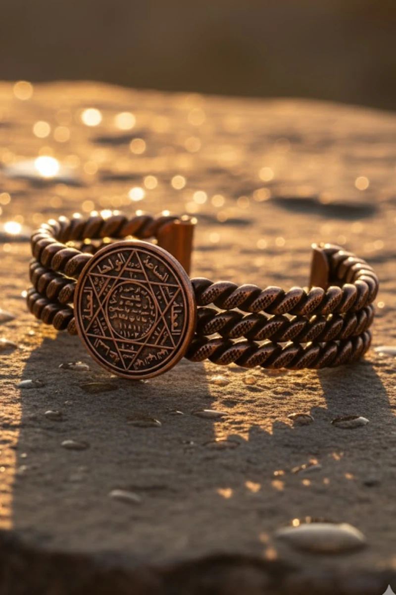 Kadın Bakır Bileklik - Süleyman Mührü 3 Sıra Bakır Bilezik Metal Kutu Ve Doğal Taşlar