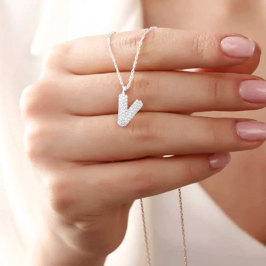 Women's Silver Necklace V Letter Zircon Stone-set Balon Letter Women's Necklace