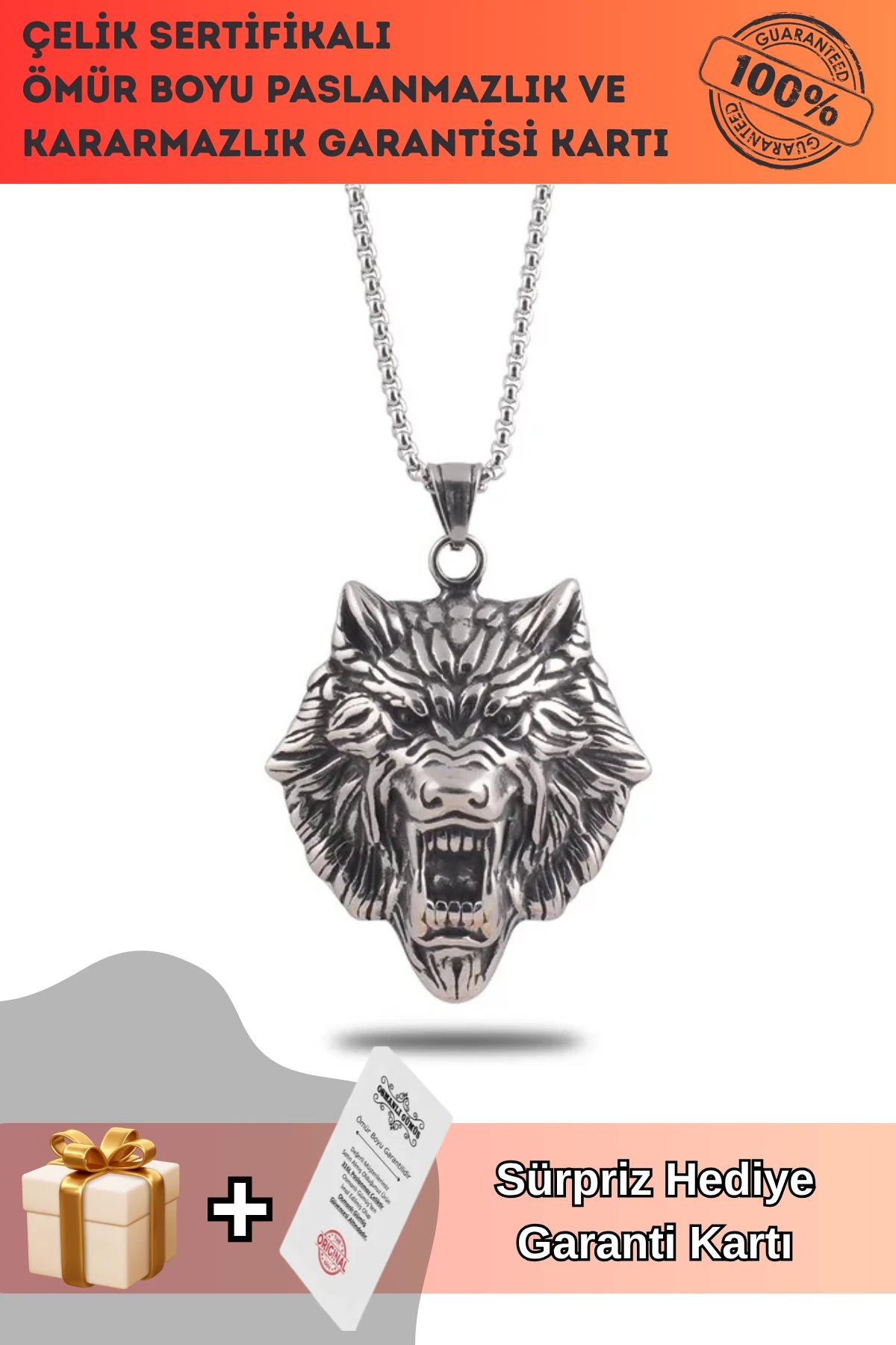 Aslan Başlı Erkek Çelik Zincir Kolye CKLASLNKAFA-GMS