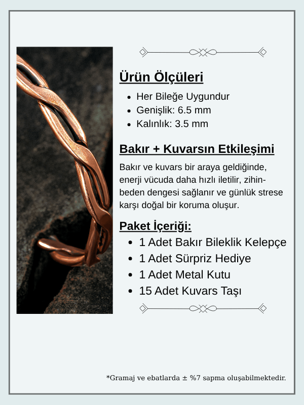Copper Knit Bakır Kelepçe Bilezik Erkek Kadın Kuvars Taşı ve Metal Kutulu