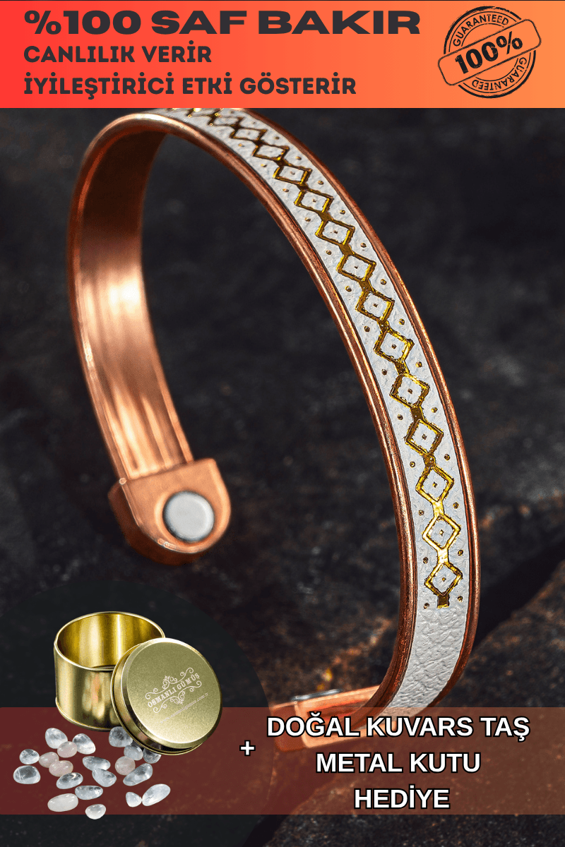 Erkek Kadın Bakır Bileklik - Üstü Hakiki Deri Mıknatıslı Model Metal Kutu Kuvars
