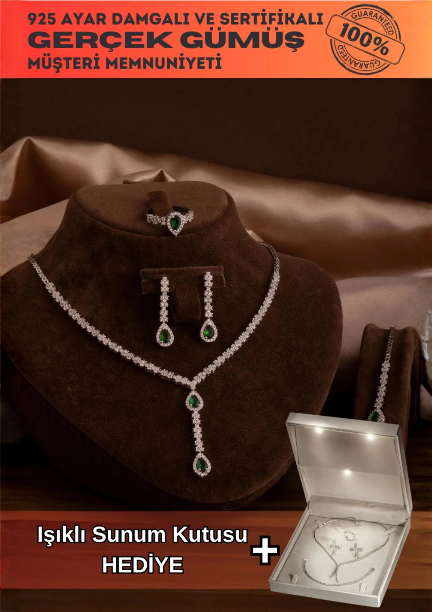 Kadın Gümüş Takı Seti - Lera Zümrüt Taşlı Mekik Model Kolye, Bileklik, Yüzük, Küpe Tam Set