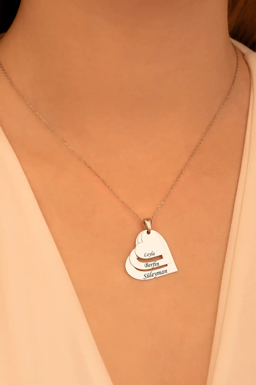 Women's Silver Necklace Heart Design 3 lü Name Yazılan Silver Necklace