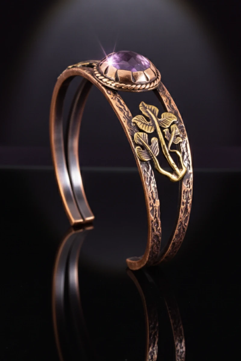 Mor Ametist Taşlı Antik Bakır Kadın Bileklik – Metal Kutu Ve Doğal Taşlar