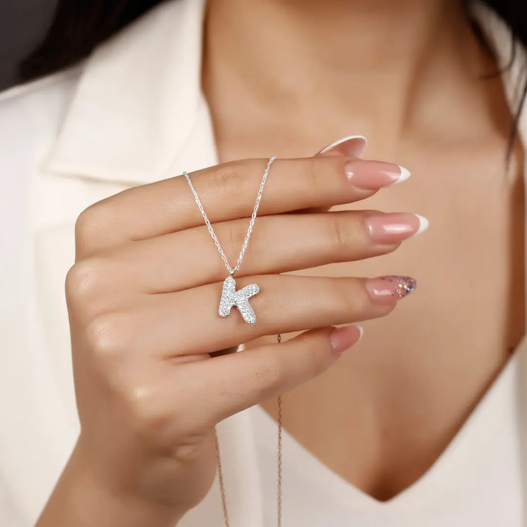 Women's Silver Necklace K Letter Zircon Stone-set Balon Letter Women's Necklace