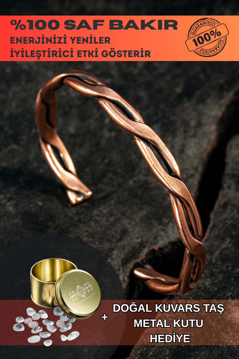 Copper Knit Bakır Kelepçe Bilezik Erkek Kadın Kuvars Taşı ve Metal Kutulu