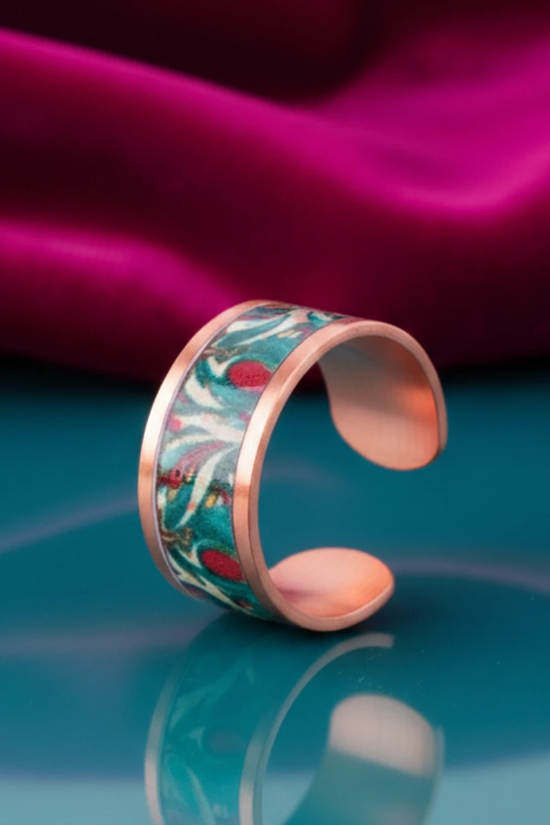 Kadın Bakır Bileklik Yüzük Set - Garden Model Özel Baskı Metal Kutu Ve Kuvars Taşı