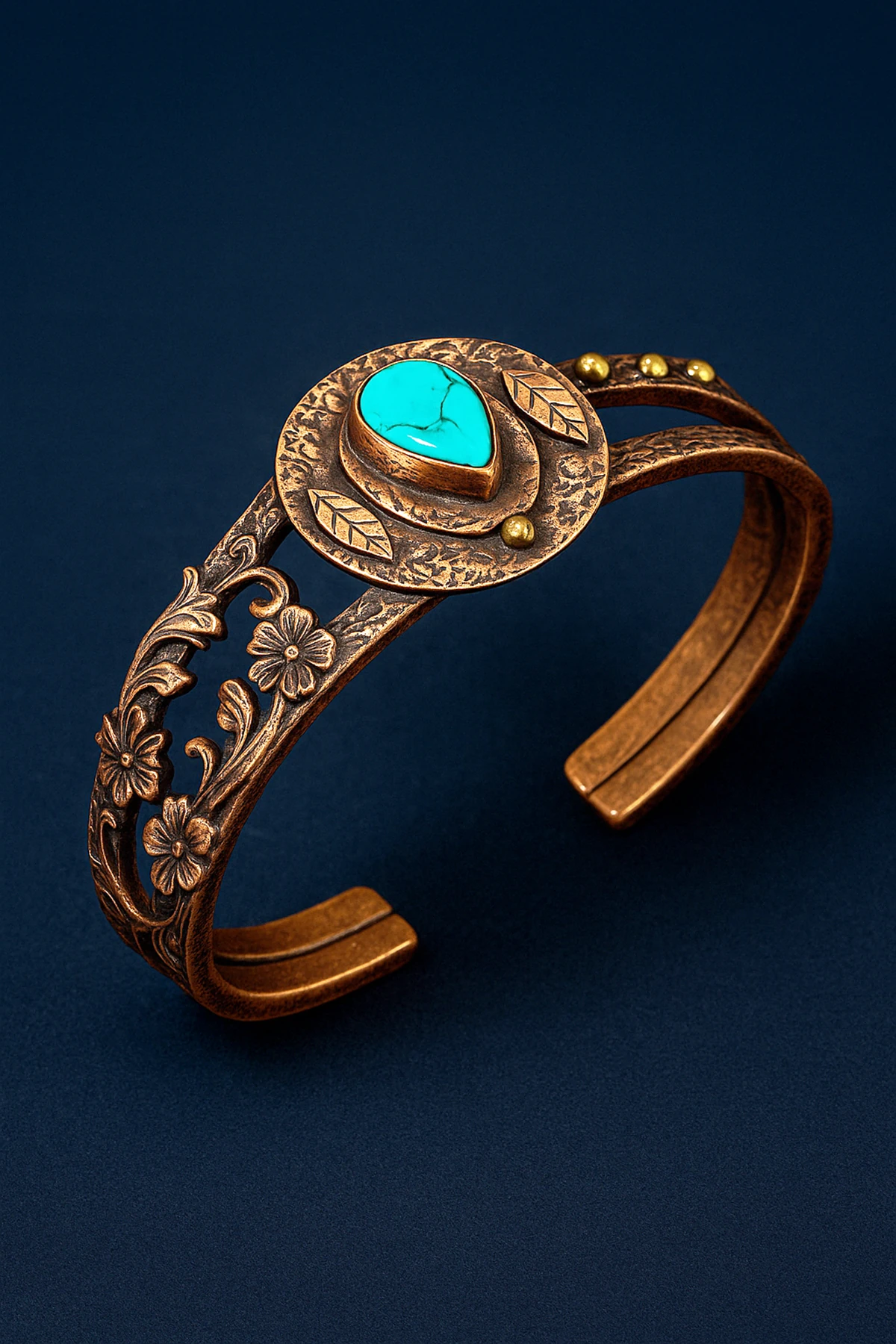 Kadın Bakır Bileklik - Turkuaz Firuze Taşlı Damla Model Kadın Bilezik Metal Kutu ve Doğal Taşlar