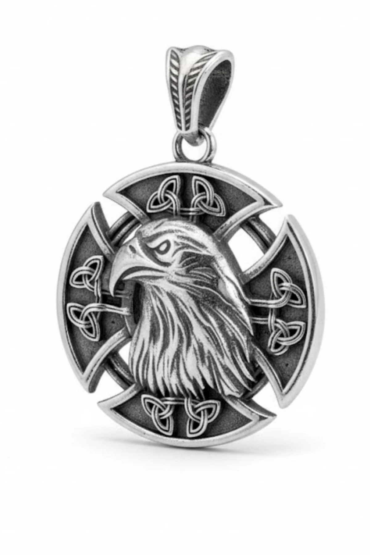 Erkek Gümüş Kolye - 925 Ayar Kabartmalı Kartal Kafası Motifli Tilki Kuyruğu Zincirli Erkek Kolye