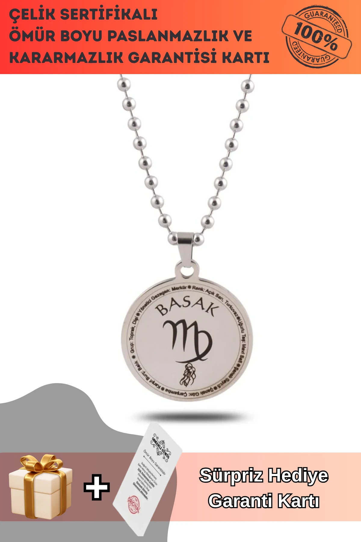 Başak Burcu Kolye Kadın Erkek Çelik Kolye Top Zincir CKLBASAKBRC-GMS