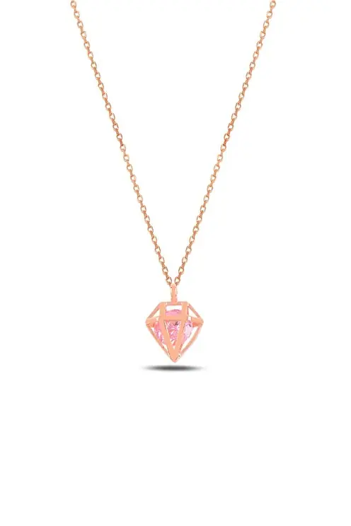 Kafes Round Pink Stone-set Women's Silver Necklace GKLKFSMODL1-ROS