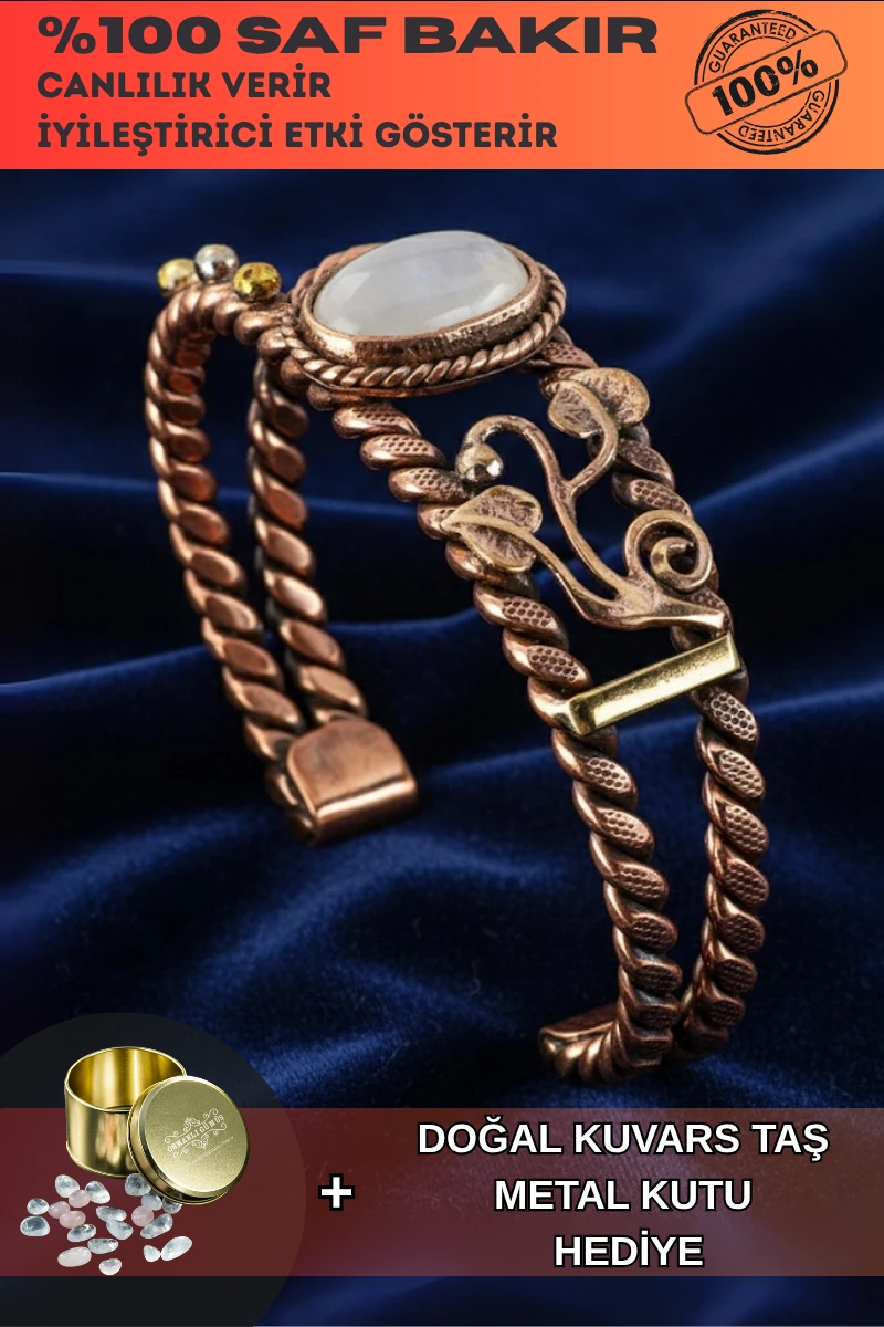 Kadın Bakır Bileklik – Sedef Taşlı Çift Burgu Model Kadın Bakır Bilezik - Metal Kutu Ve Doğal Taşlar