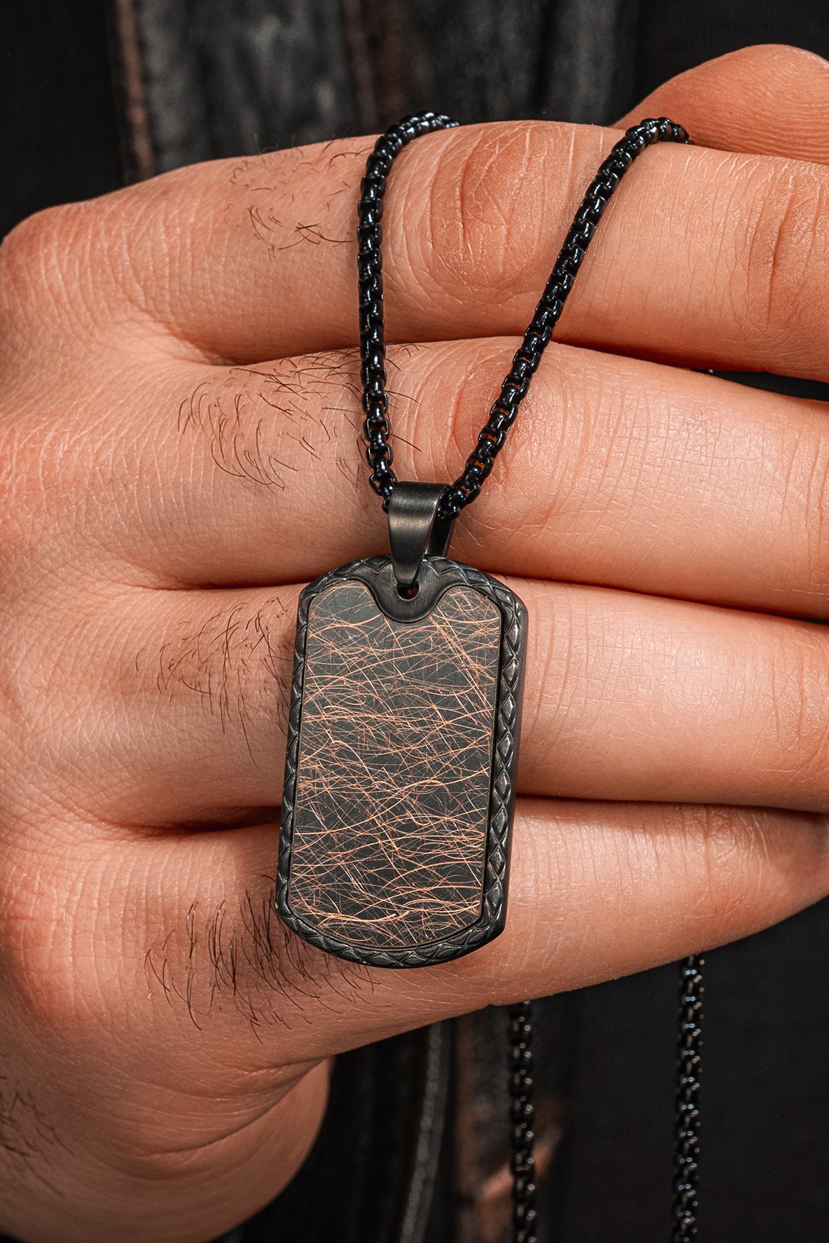 Steel Tag Siyah Polo Zincir Erkek Kolye - Asker Künyesi Desenli, Siyah Çizgili, Paslanmaz Çelik