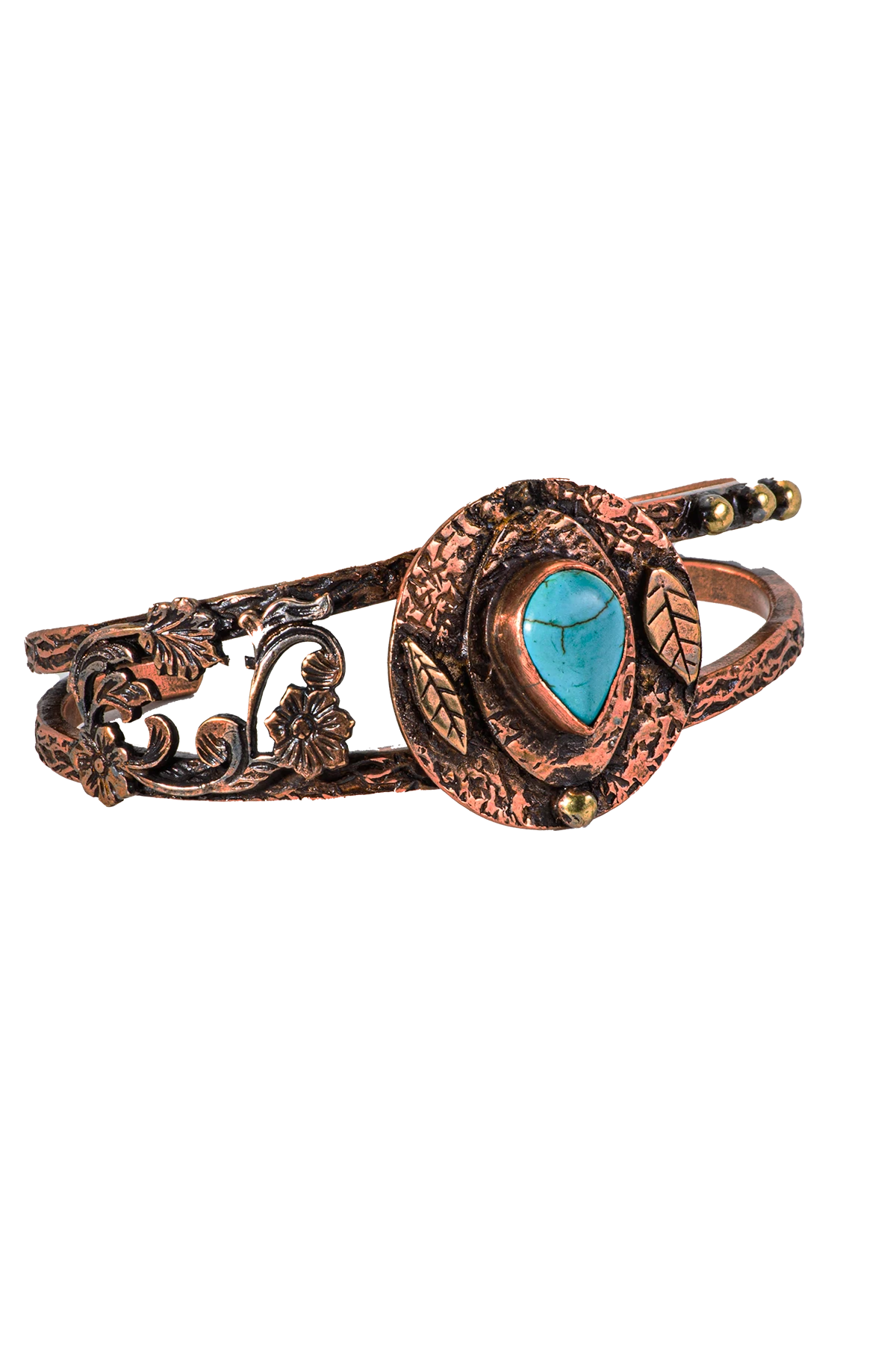 Kadın Bakır Bileklik - Turkuaz Firuze Taşlı Damla Model Kadın Bilezik Metal Kutu ve Doğal Taşlar