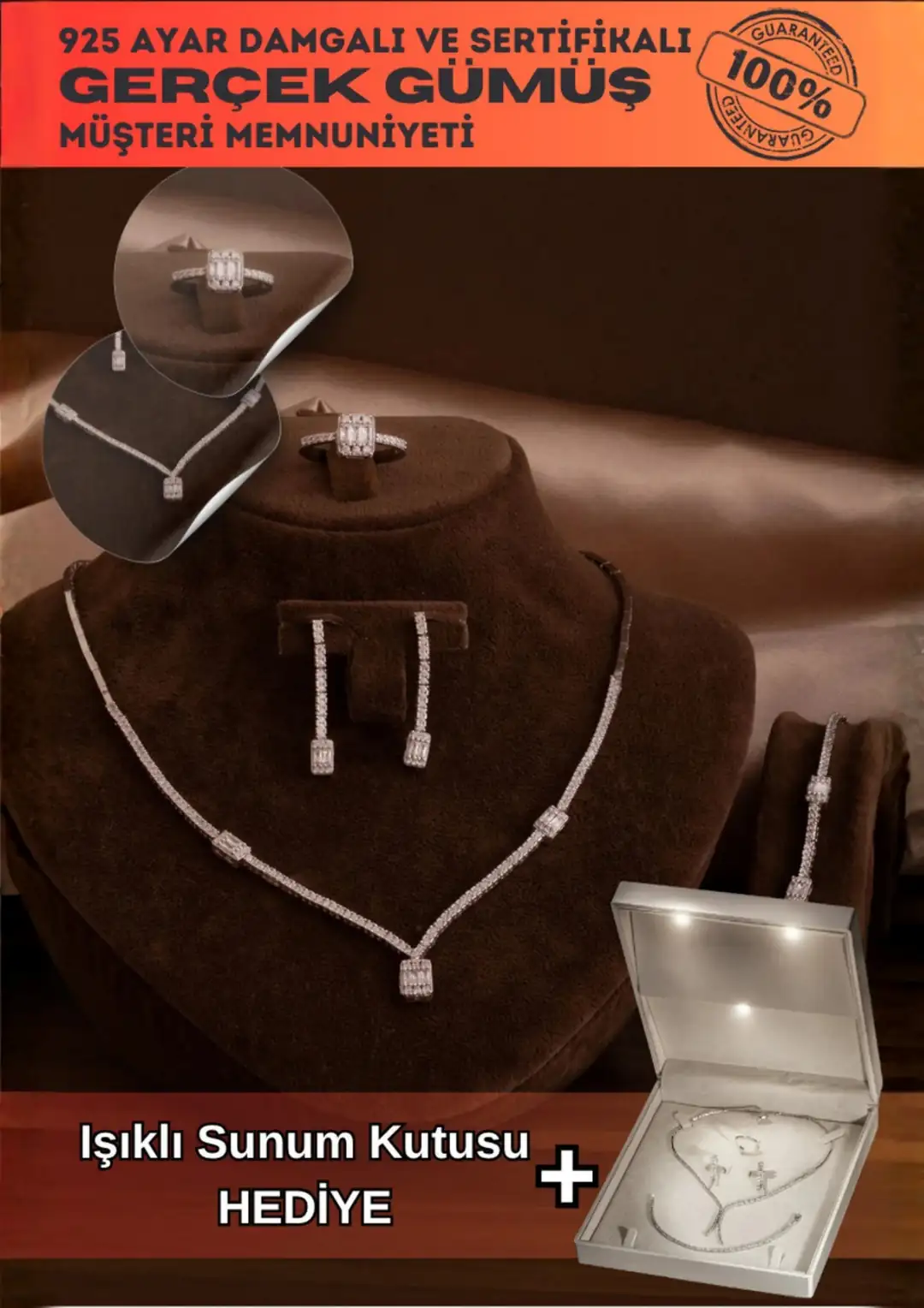 Women's Silver Jewelry Set Feride Baguette Stone-set Necklace, Bracelet, Ring, Earrings Tam Set