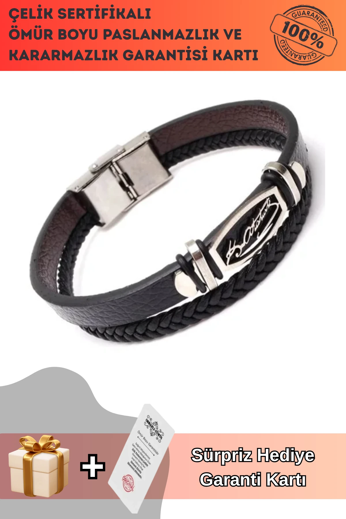 Atatürk İmzalı Erkek Çelik Deri Bileklik Beyaz Model