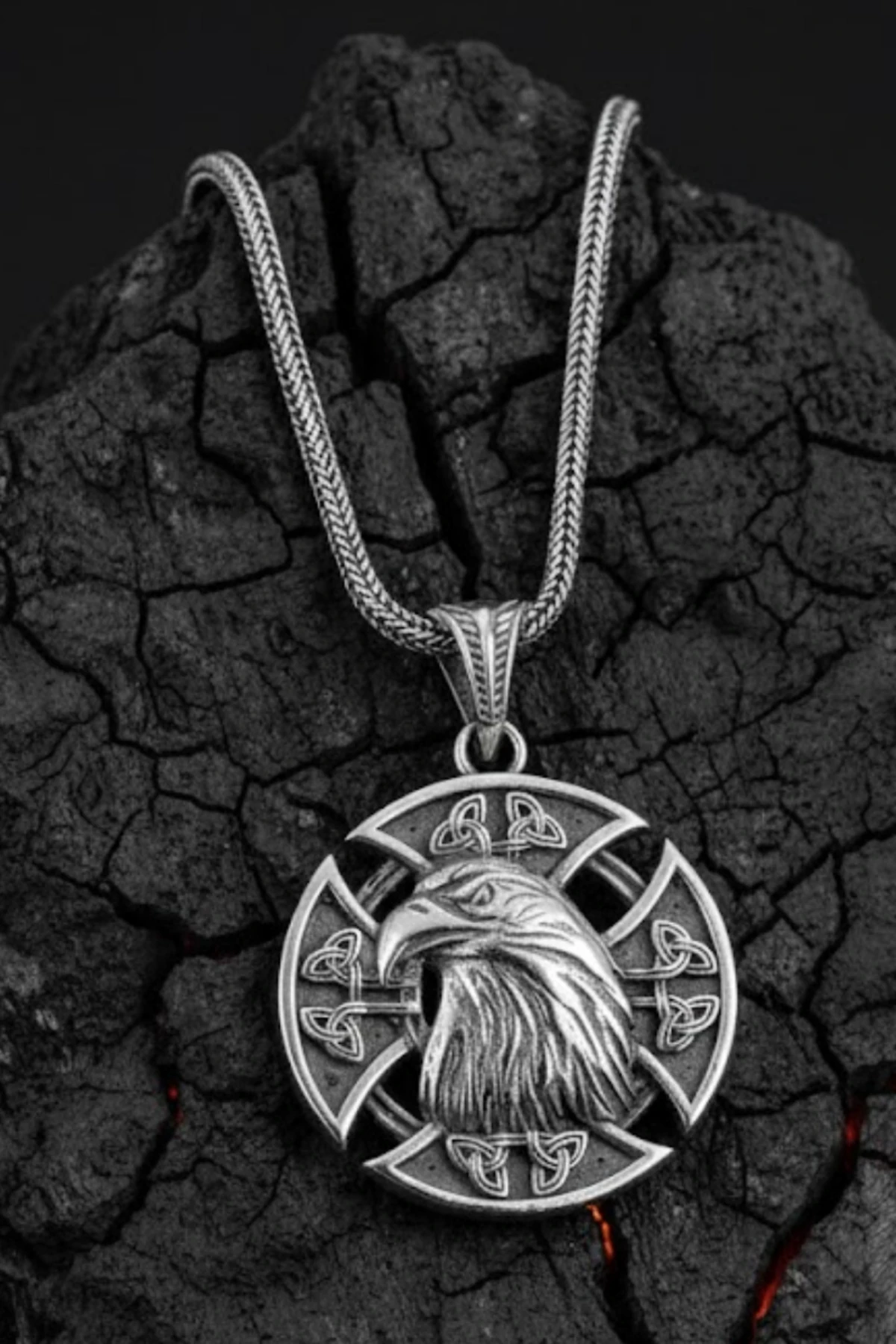 Erkek Gümüş Kolye - 925 Ayar Kabartmalı Kartal Kafası Motifli Tilki Kuyruğu Zincirli Erkek Kolye