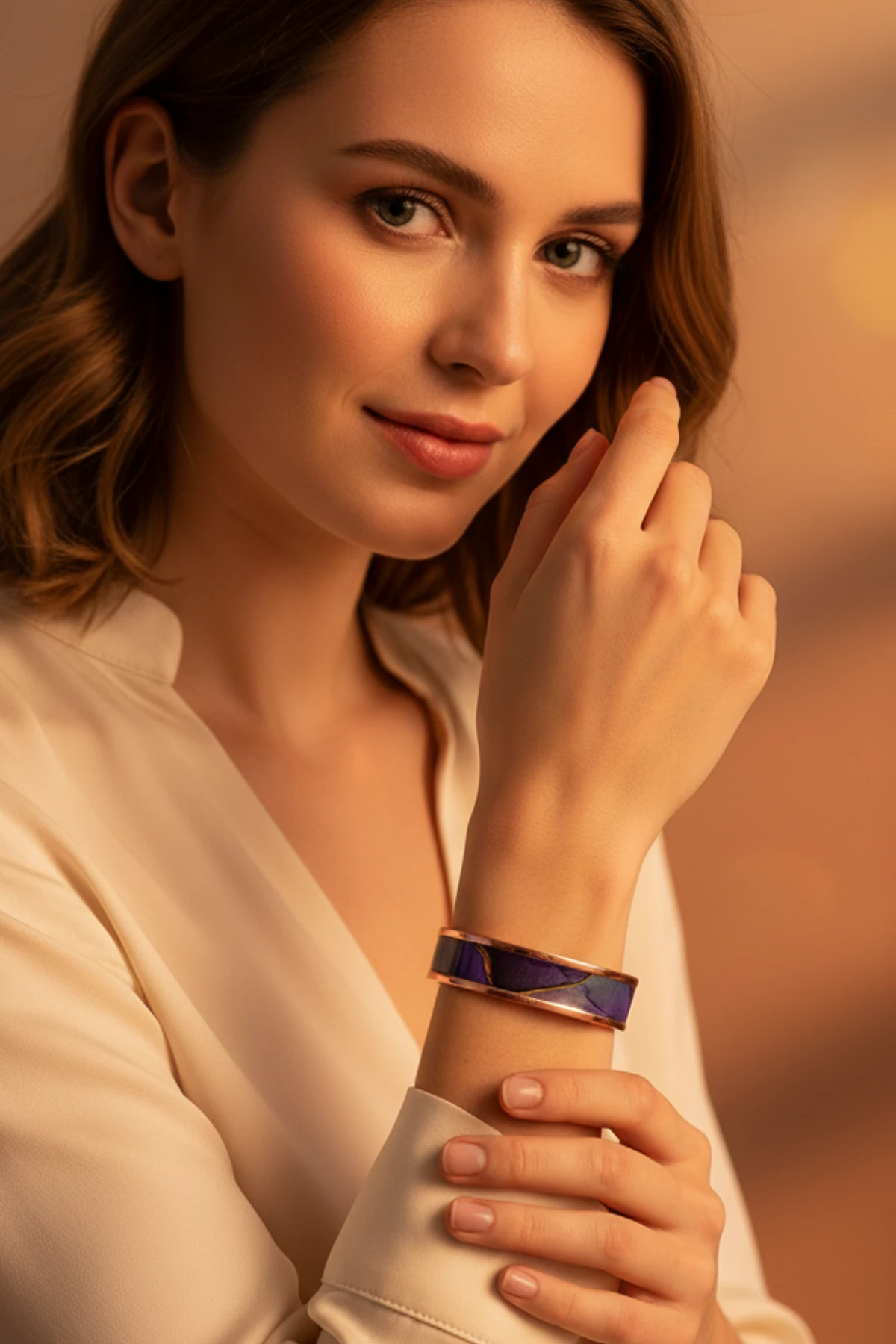 Kadın Bakır Bileklik Yüzük Set - Laura Model Özel Baskı Metal Kutu Ve Kuvars Taşı