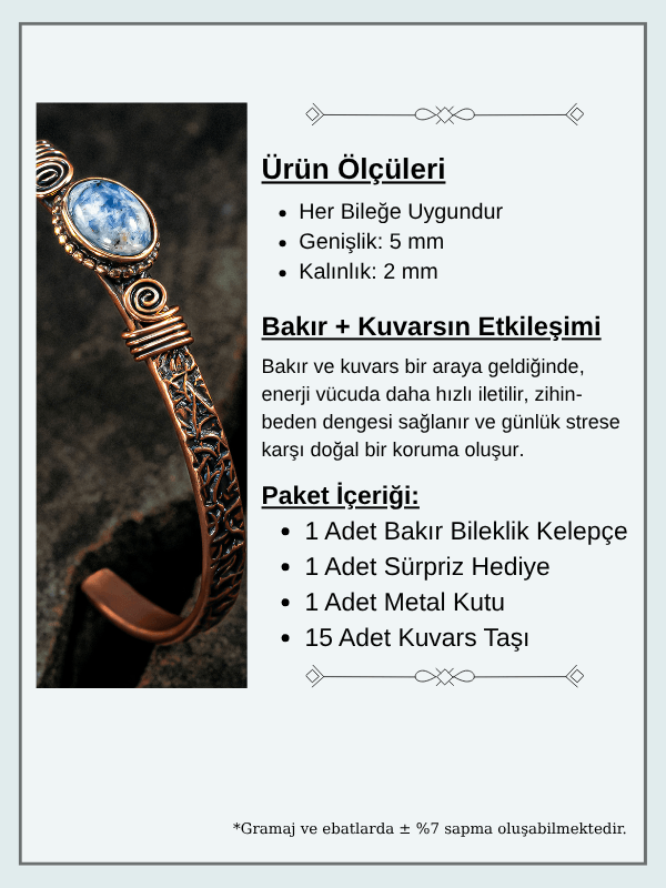 Bakır Kelepçe Bilezik Lapis Doğal Taş Erkek Kadın Kuvars Taşı ve Metal Kutulu