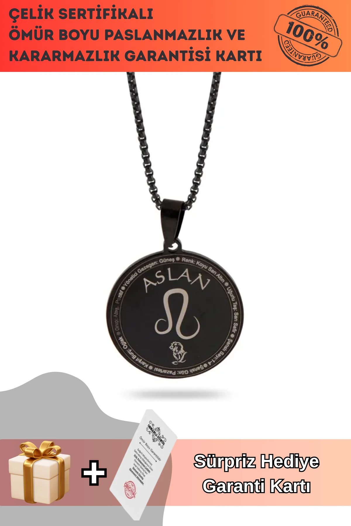 Aslan Burcu Kolyesi Bayan Erkek Çelik Kolye Siyah Polo Zincir CKLASLANBU2-SYH