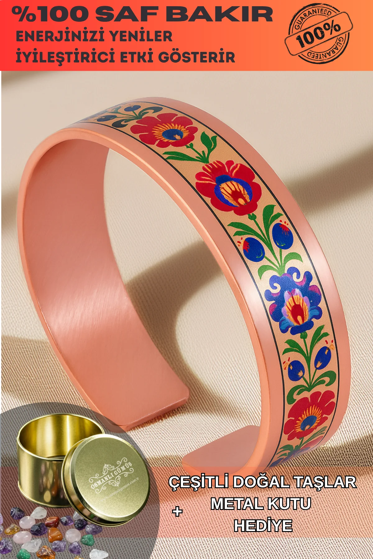 Kadın Bakır Bileklik - Bird Model Özel Baskı Metal Kutu Ve Doğal Taşlar