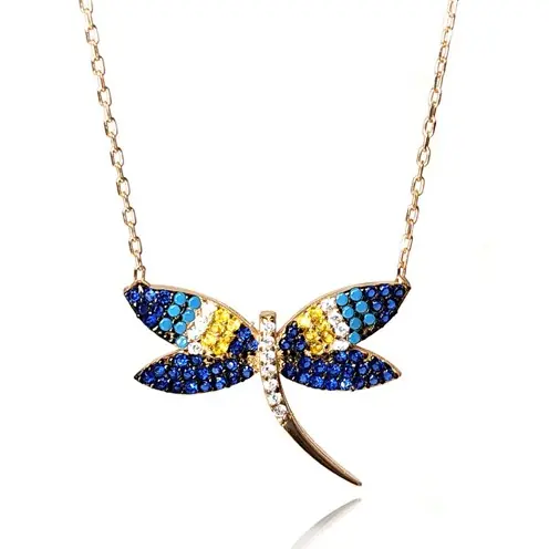 Colored Zircon Stone-set Rose Color Dragonfly Women's Silver Necklace