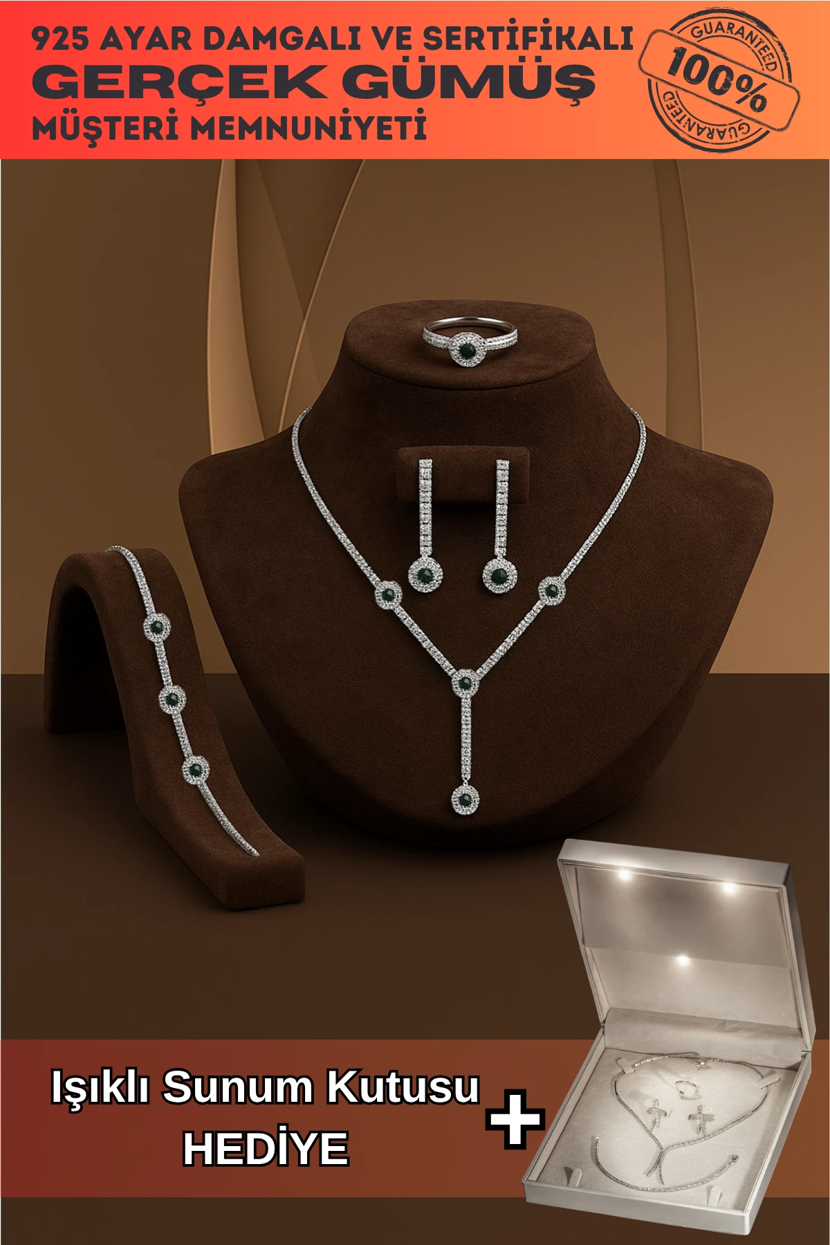 Venüs Bayan Zümrüt Taşlı Gümüş Su Yolu Set - Kolye, Bileklik, Küpe, Yüzük