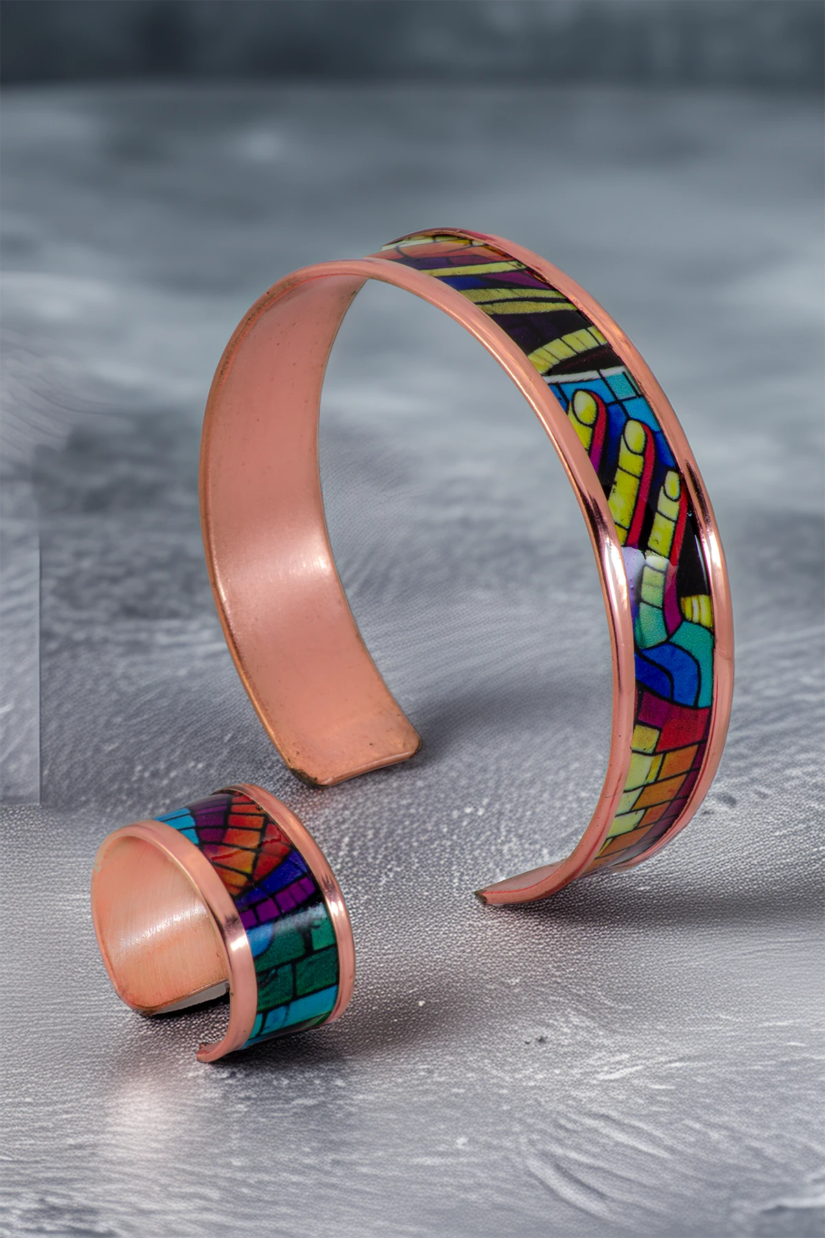 Kadın Bakır Bileklik Yüzük Set - Nadia Model Özel Baskı Metal Kutu Ve Kuvars Taşı