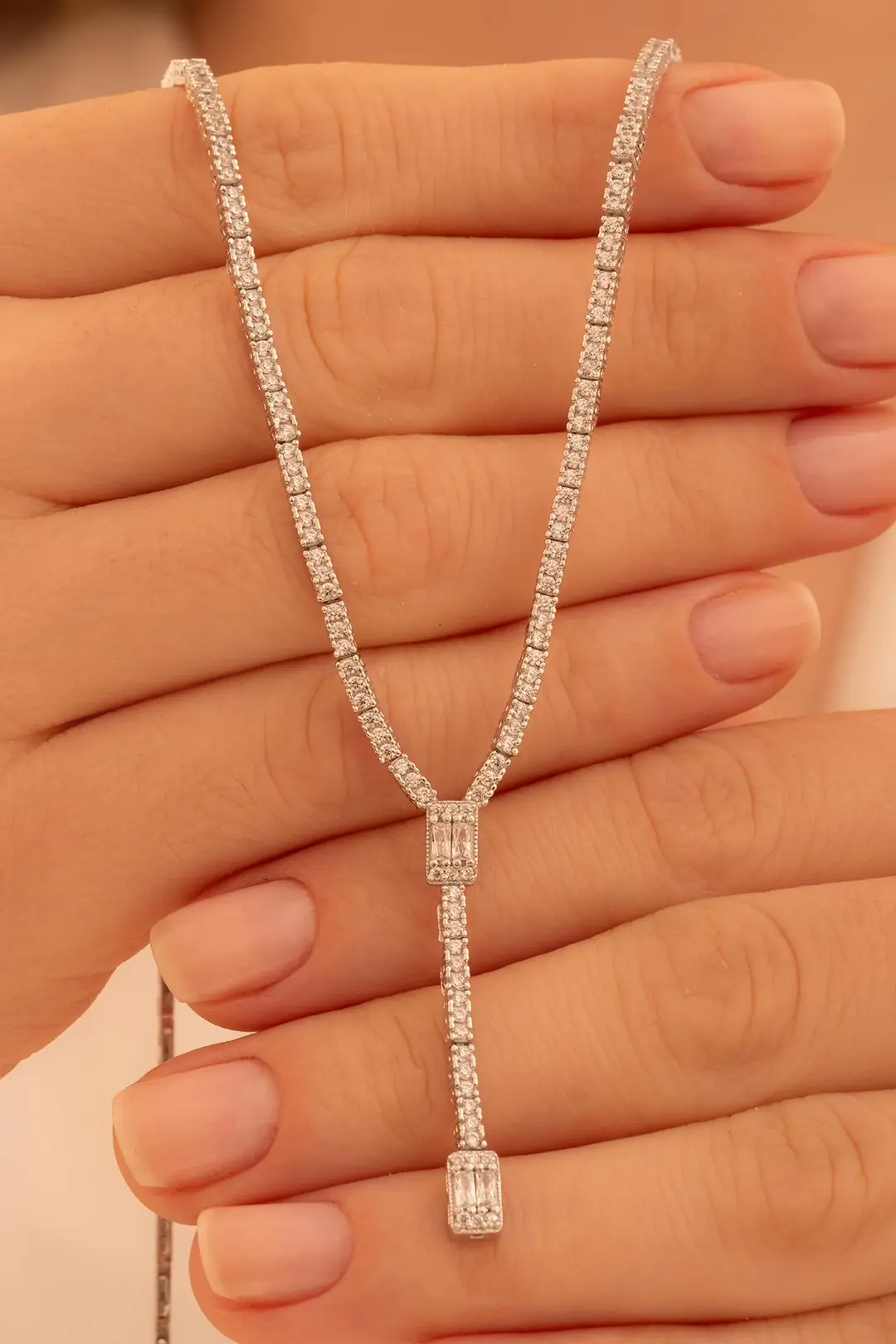 Women's Silver Necklace Süreyya Baguette Stone-set Square Women's Necklace