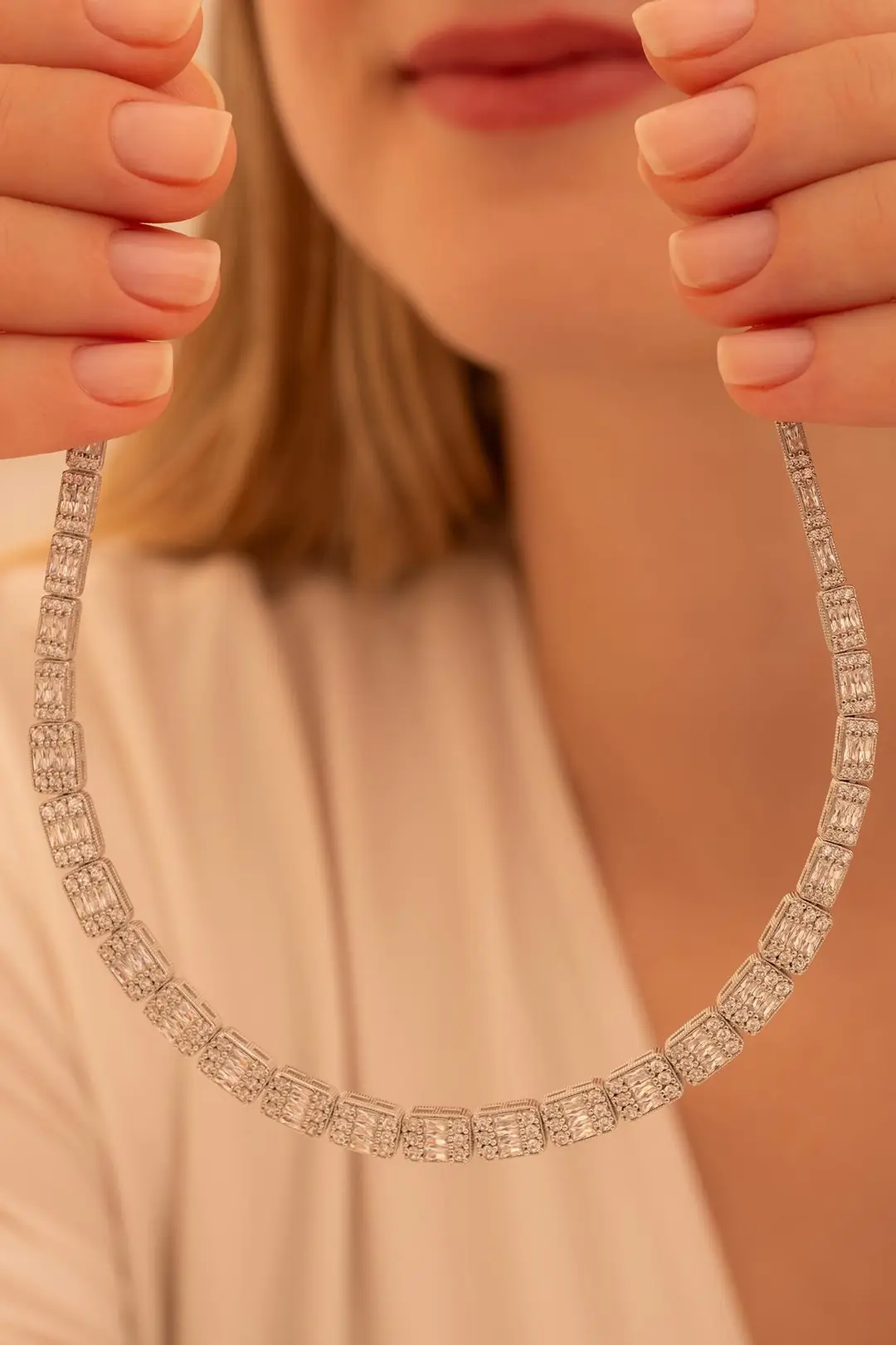 Women's Silver Necklace Mehtap Baguette Stone-set Zircon Süslemeli Women's Necklace