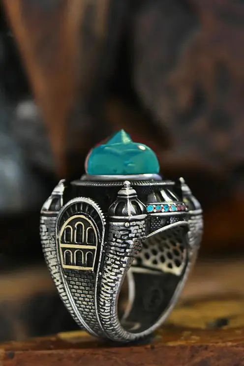 İslam Usta Design Blue Al Kubbe Silver Men's Ring GYZISLMSTM1-GMS