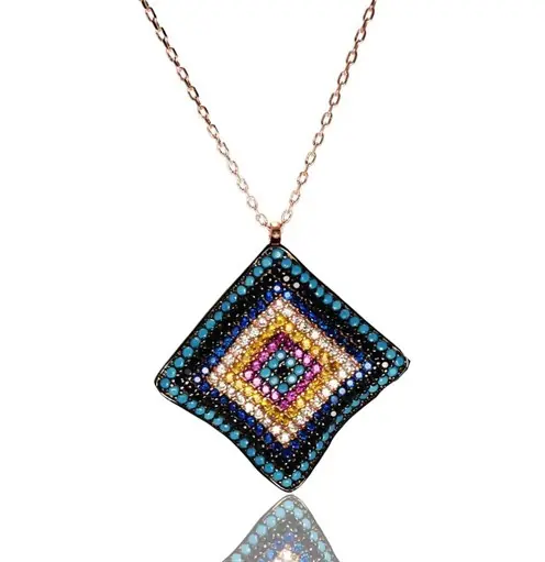 Square Dalgalı Evil Eye Amulet Women's Silver Necklace Large