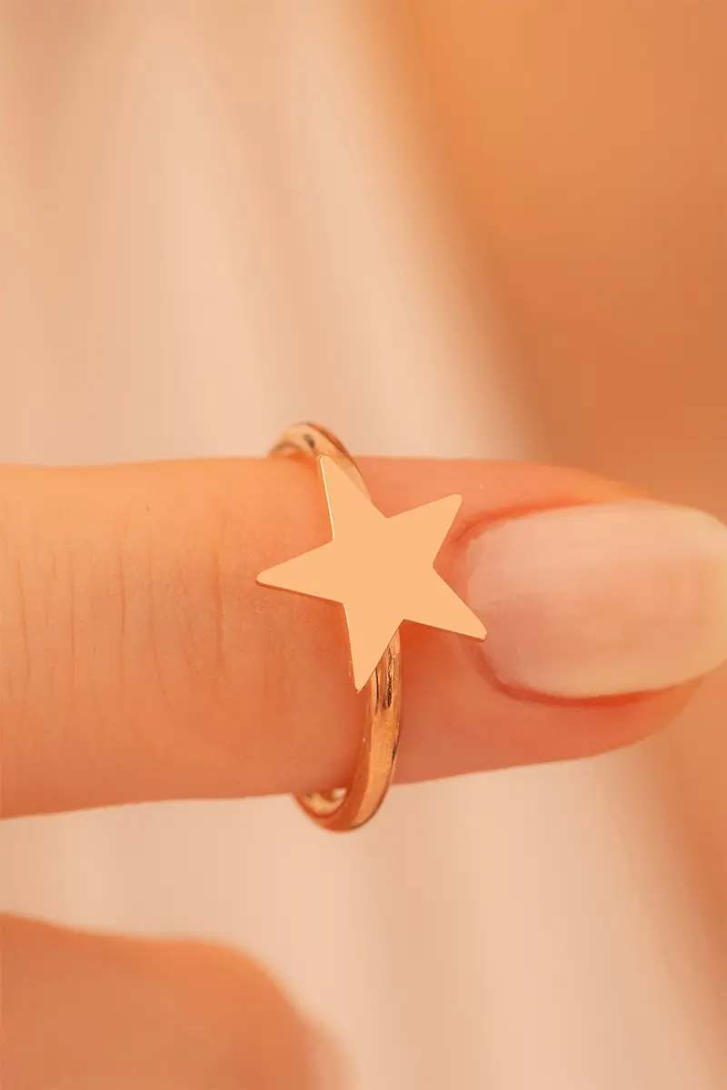 Women's Silver Ring Handcrafted Rose Plated Star Motif Slim Women's Ring