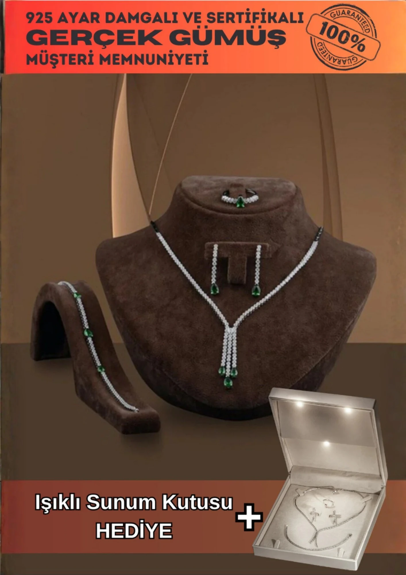 Berva Bayan Zümrüt Taşlı Gümüş Su Yolu Set - Kolye, Bileklik, Küpe, Yüzük