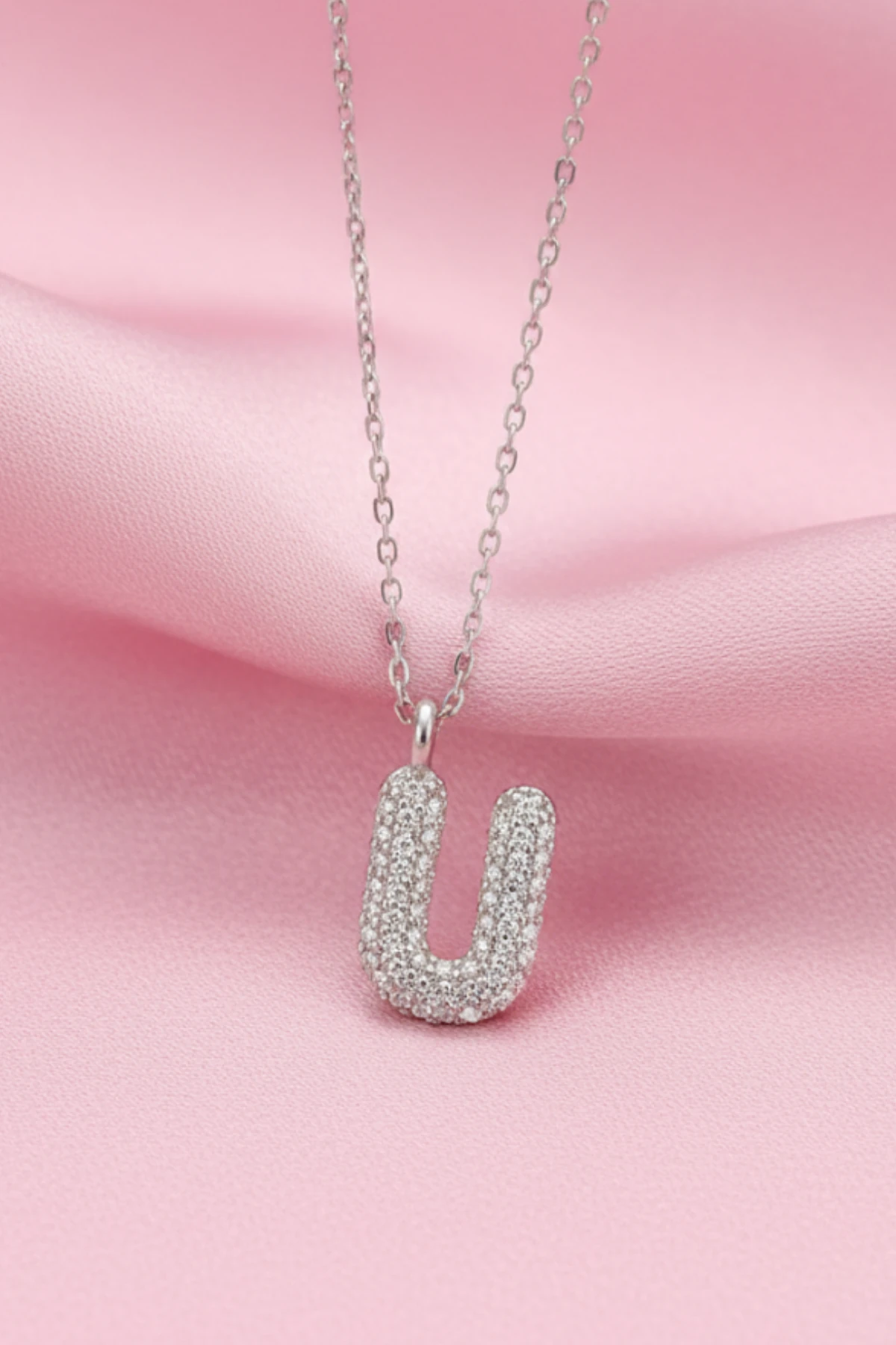Kadın Gümüş Kolye - 925 Ayar Zirkon Taşlı Balon U Harfi Bayan Kolye