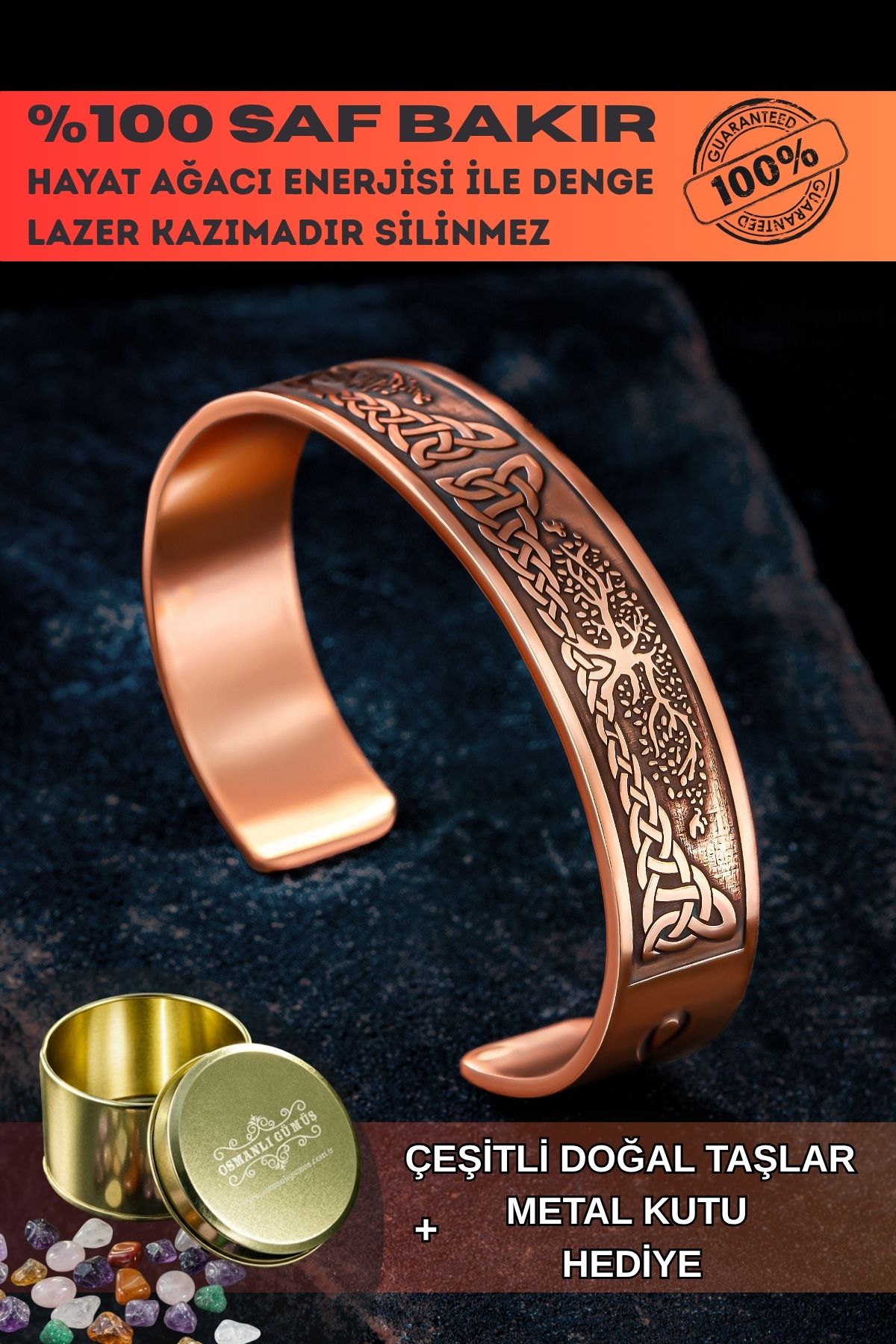 Erkek Bakır Bileklik - Viking Hayat Ağacı - YGGDRASİLL İskandinav Mitolojisi Erkek Kelepçe Bileklik