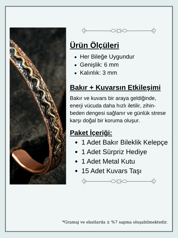 Copper Wave Bakır Kelepçe Bilezik Erkek Kadın Kuvars Taşı ve Metal Kutulu